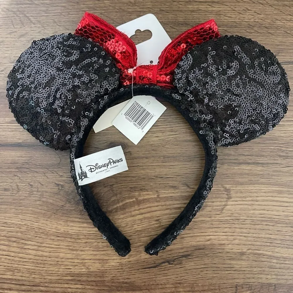 Disney Black Sequin Minnie Ears with Red Bow